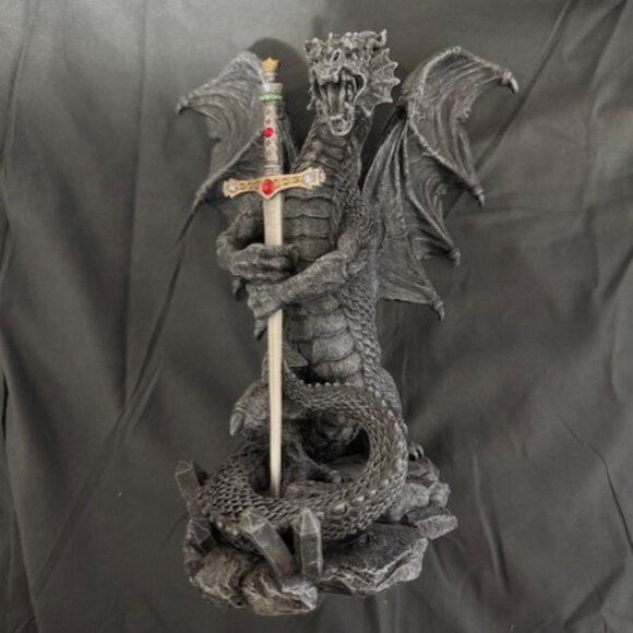 Lrg Black Medieval Fantasy Resin Dragon Holding a Jeweled Sword Halloween Decor - Picture 1 of 2